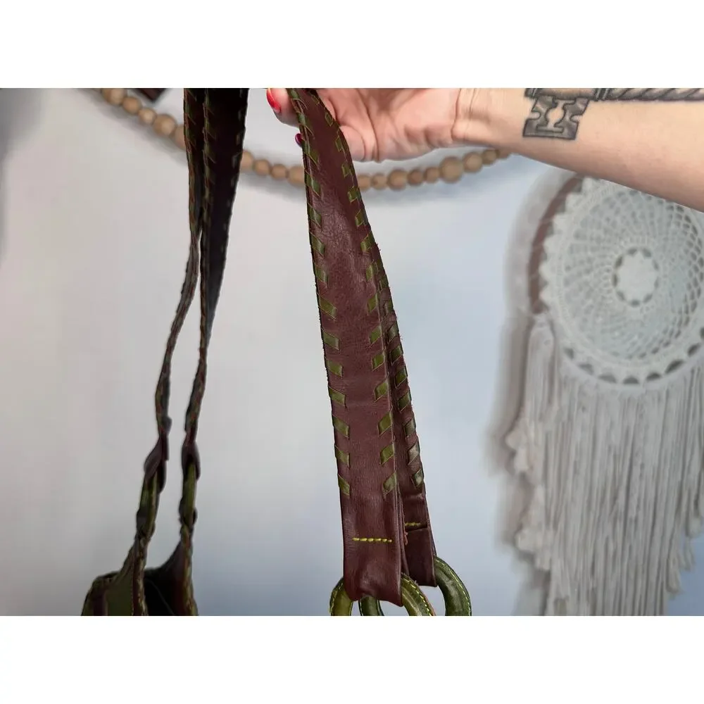 Leaders in Leather Brown Green Tooled Shoulder Bag
